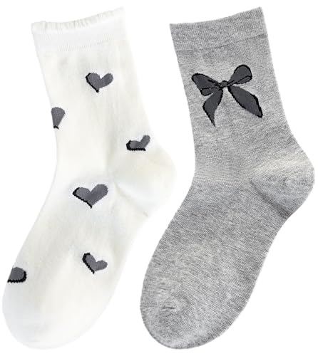 Arukora Ankle Socks for Women 2 Pairs Size 5-9, Crew Breathable Heart Bow-knot Cotton Casual Calf Shoes Sock White/Grey