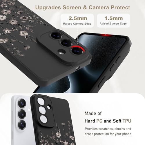 Image of Designed for Samsung Galaxy S26 Plus Case for Women, Black Floral | Cute Flower Pattern Liquid Silicone Phone Case [Full Camera Protection] Slim Soft TPU Protective Cover