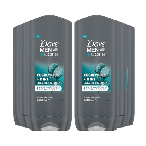 Image of Dove Men+ Care 3-in-1 Body, Face and Hair Wash Eucalyptus + Mint 24H Nourishment with Relaxing and Fresh Scent Body Wash for Healthier, Smoother Feeling Skin, 400ml Pack of 6