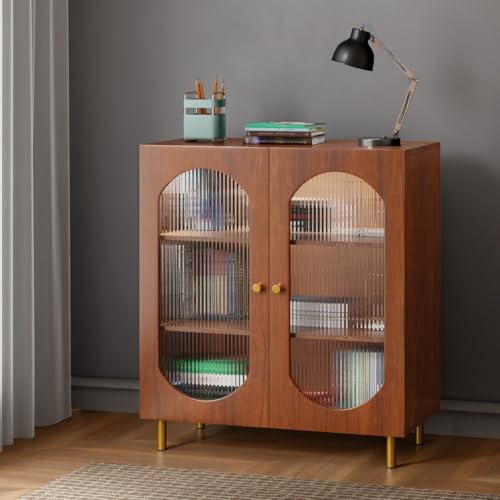 Image of Rocco Stellar Bookshelf with Auto LED Lights & Acrylic Fluted Doors | Engineered Wood Bookcase | Adjustable Shelves, Scratch-Resistant | Living Room, Library & Office (Teak Brown, Medium Size)