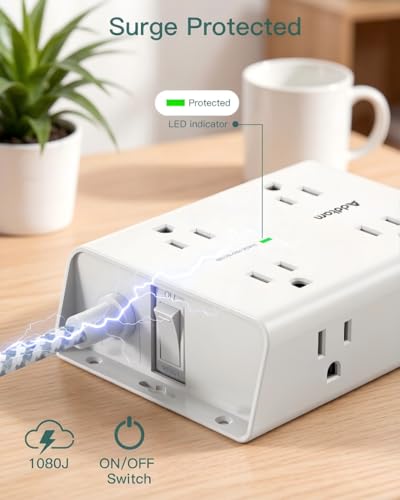 Addtam Protector contra Sobretensiones Regleta de Energía, 8 Tomas con 4 Puertos USB (2 USB C), Cable de Extensión de 15 pies con Múltiples Tomas, Extensor de Salida de 3 Lados, Enchufe Plano, Montaje en Pared, ETL, Blanco miniatura 7