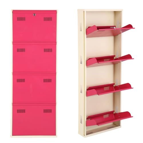 Image of Metal Shoe Rack Wall Mounted for Home with Central Locking 4 Door 20 inch Wall Mounted Metal 8 Pair Shoe Rack Cabinet Pre-Assembled Rack Shelves 3 Year Warranty (Pink & Ivory)