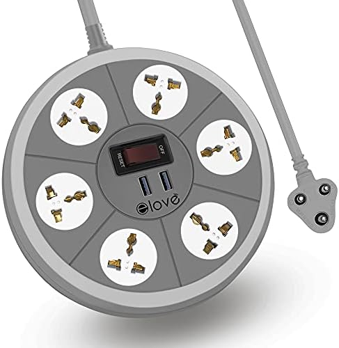 elove USB Extension Board, 6 Outlets 2 USB Port Auto Reset ON/Off Button, 2.4 amp Fast Charging Port, Universal Multi Socket Surge Protector Extension Cord with USB, 1.8M Power Cord (Grey, 220 Volts)
