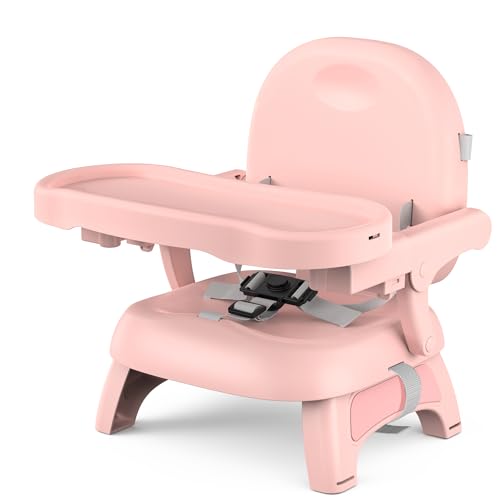 Bella’s Friends 3-in-1 Toddler Booster Seat for Dining Table and Kitchen Chair with Adjustable Tray and Safety Straps, Foldable&Portable Baby Seat for Travel, Feeding, and Floor Use, Pink