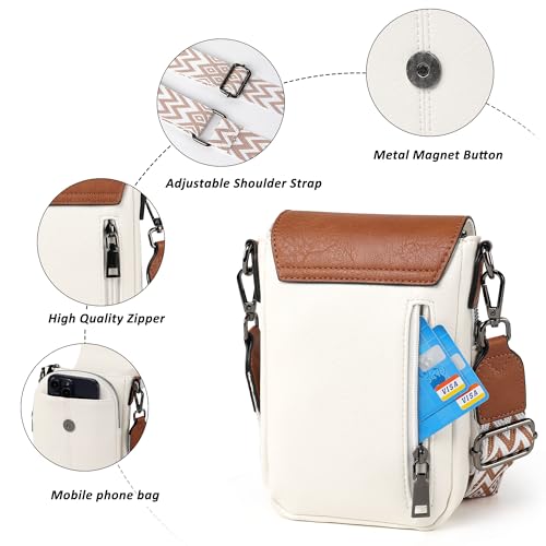 Image of TANTOMI Small Crossbody Bags for Women, Small Purses with Card Slots Phone Purse Wide Adjustable Strap (White /Light Brown)