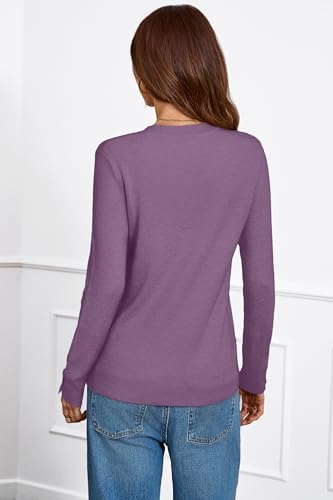 Arach&Cloz Womens Long Sleeve Sweaters 2026 Fall Outfits Trendy Crewneck Cozy Knit Black White Casual Button Halloween Chocolate Brown Fashion Tops Winter Purple S - image 4