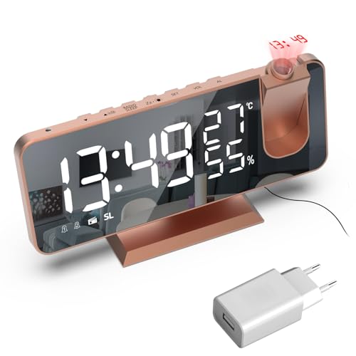 Lancoon Reloj despertador con proyector, funciona con red, para mesita de noche, temperatura, indicador de humedad, incluye adaptador