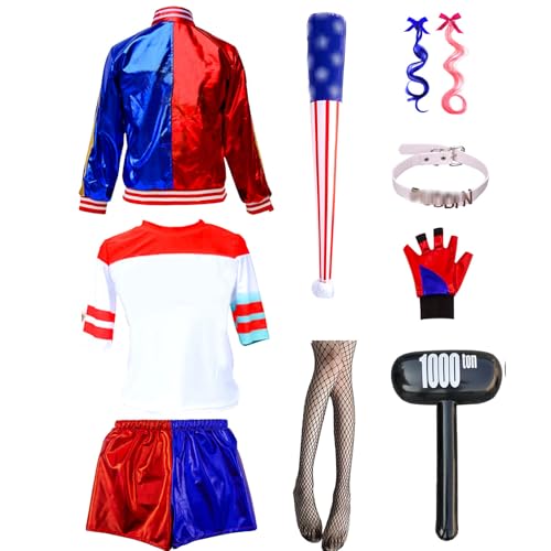 Kitimi Costumes Women Adult Fancy Dress Carnival Halloween Villain Costume adult Include Jacket T-shirt Shorts Choker Bat and Glove for Halloween Carnival Cosplay(XL)