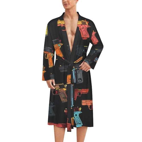 Hand Gun Men's Robes Long Sleeve V Neck Bath Robe Printed Bathrobes Cozy Soft Sleepwear - Main Image