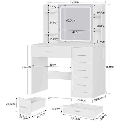 TEENFON Tocador, Tocador de Maquillaje con Luces y Espejo, Mesa de Maquillaje con Toma de Corriente, Mesa de Maquillaje con 4 Cajones, 4 Estantes Abiertos, 5 Ganchos de Joyería para, Blanco - imagen 6