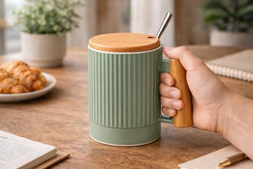 Image of Coffee Mug, Gift for Woman, Birthday Present for Girlfriend, Present for Wife Birthday, Mugs for Present, Holi Gifts, Panda Mug with Lid & Spoon (Fluted Green)