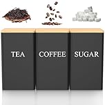 3Pcs Tea Coffee Sugar Canisters Black 1000 ML Metal Teas and Coffee Canisters Set with Airtight Bamboo Lid and Name Marker Square Canisters Sets for Kitchen Counter Storage