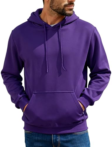 MrGentel Mens Purple Hoodies Pullover Midweight Fashion Long Sleeve Casual Hooded Sweatshirt Solid Color Fleece-Lined Hoodie S