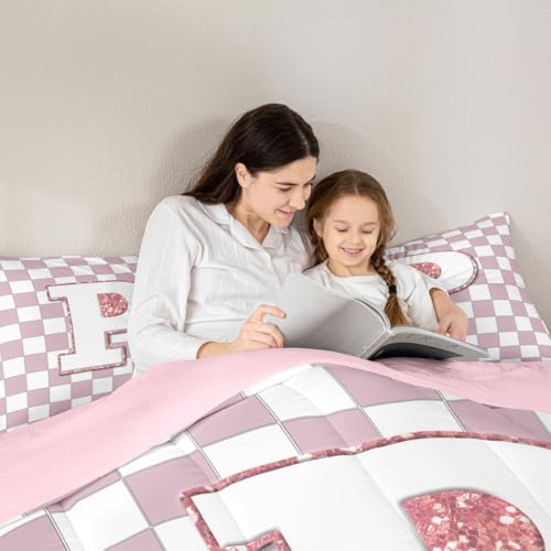 Image of Erosebridal Pink Initial P Comforter Set Full Kawaii Plaid Checkered Bedding Set Cute Personalized Monogram Comforter for Kids Girls Teen Women,Fashion Grids Gingham Quilt Duvet