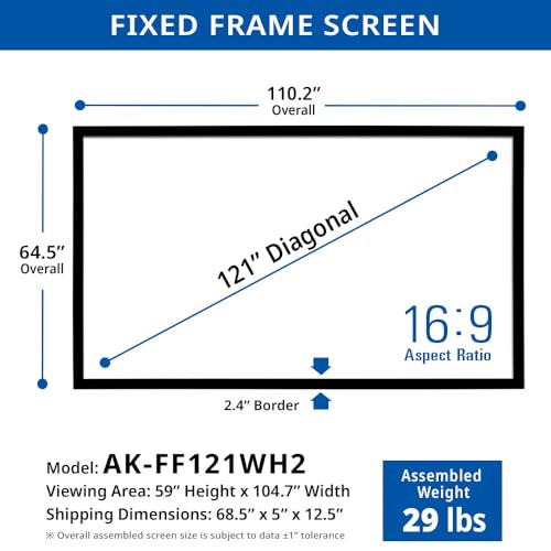 Image of Akia Screens Fixed Frame Projector Screen 121 Inch, 16:9, Wall Mount, CineWhite UHD-B, 4K 8K Ready Indoor Home Theater Screen, AK-FF121WH2