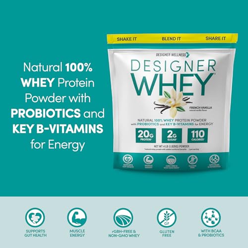 Image of Designer Wellness, Designer Whey, Natural Whey Protein Powder with Probiotics, Fiber, and Key B-Vitamins for Energy, Gluten-Free, French Vanilla, 4 lb