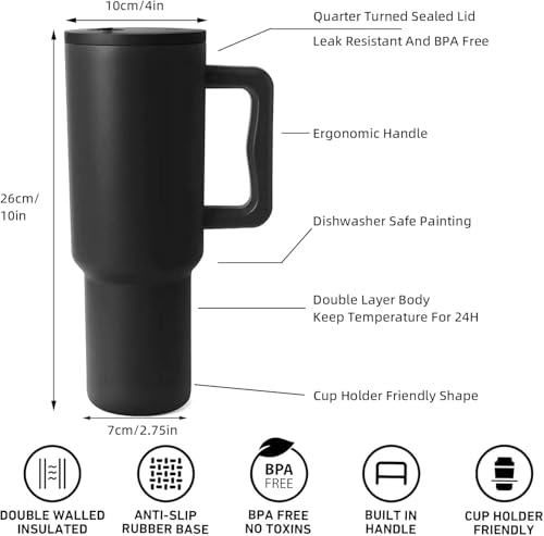 Image of Zephorus Personalized Stainless Steel Vacuum Insulated Cup with Lid and Straw, 40 oz Tumbler with Handle for Water, Iced Tea or Coffee, Keep Hot /Cold for Hours (Black)
