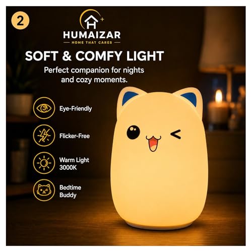 Image of HUMAIZAR Silicone LED Night Light for Kids, Soft Touch Animal Bedside Lamp for Bedroom & Nursery, Rechargeable Cute Night Lamp (Winking CAT)