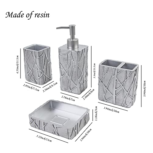 Hymmah Silver Bathroom Accessories Set,Toothbrush Holder,Farmhouse Bathroom Decor,4 Pcs Resin Gift Set Apartment Necessities, Contain Toothbrush Cup,Soap Dispenser,Soap Dish,Tumbler #TOP1