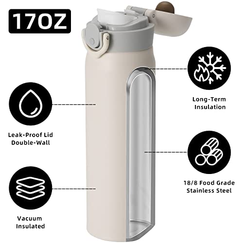 Olerd 17oz Insulated Water Bottle, Stainless Steel Sport Double Walled Coffee Thermoses, 500ML Travel Vacuum Thermosflask for Hot & Cold Drinks(White)