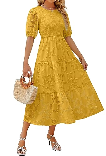 Women's 2025 Summer Short Puff Sleeve Crewneck Smocked Floral Lace Flowy A Line Tiered Maxi Dresses,Ginger,X-Large