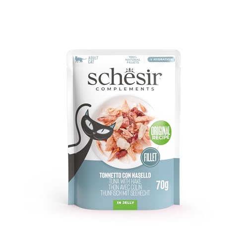 Schesir, Filetes de Atún con Merluza en Gelatina, Comida Húmeda Complementaria para Gatos, en Bolsas, Receta Original, 100% Natural, 12 x 70g