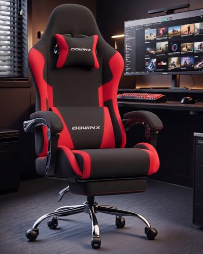 Image of Dowinx Ergonomic Gaming Chair with Footrest & Massage Lumbar, 2D-Linkage Armrests for Computer Chair 330lbs with Headrest Pillow for Office, Home, Streaming and Long Gaming Sessions, Fabric Dark Red