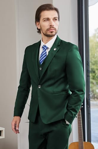 Image of MAGE MALE Mens Suits Slim Fit 3 Piece Tuxedo Suit One Button Solid Prom Wedding Party Blazer Vest Pants Set with Tie