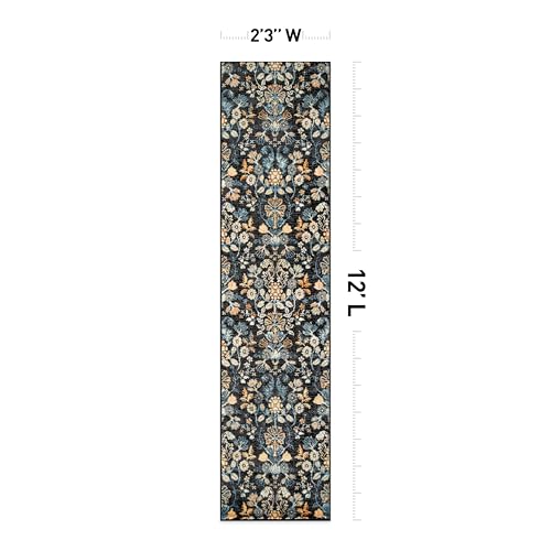 Tapete corredor floral negro diseño botánico 2'3" x 12' miniatura 2
