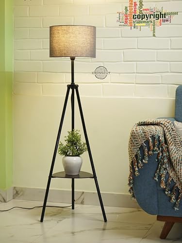 Crosscut Furniture Metal Floor Lamp with Decorative Shelf (Gothic Grey). LED Bulb Included.