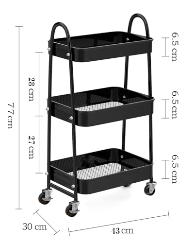 KeZaara Serving Trolley - 3 Tier Metal Kitchen Trolley with Wheels, Black
