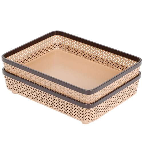 Image of TEX-RO Plastic Trays for Storage Organizer | Multipurpose Tray for Kitchen, Office & Drawer | Storage Tray for Documents, Cosmetics, Stationery | Woven Design Basket - Brown, Pack of 2
