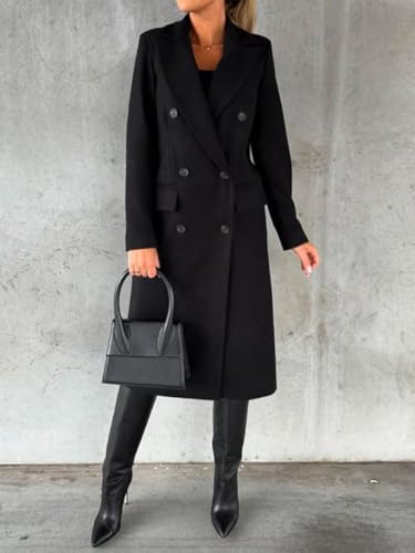 Image of IDEALSANXUN Womens Long Wool Coat Double Breasted Trench Coat Fall Winter Clothes
