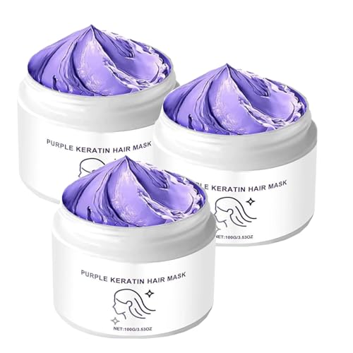 Mascarilla de queratina púrpura para el cabello, acondicionador hidratante reparador del cabello, activa las raíces del cabello, mejora el encrespamiento (3 pcs)