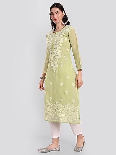 Image of Seva Chikan Hand Embroidered Lucknowi Chikankari Cotton Kurta Kurti for Women SCL4316