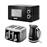 GEEPAS Electric Kettle 4 Slice Bread Toaster & Microwave Kitchen Set | 2200W 1.7L Textured Cordless Kettle | 1750W Toaster with 7 Level Browning Control | 700W Solo Manual Dial Microwave 20L | Black