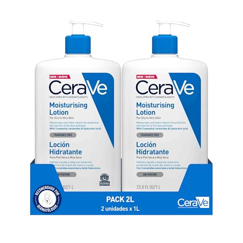 CeraVe Loción Hidratante, Para Piel Seca a muy Seca, Hidrata y Restaura la Barrera Cutánea, Enriquecida Con Ceramidas y Ácido Hialurónico, Fórmula Ligera, Apta para Rostro y Cuerpo, 2x 1 litro