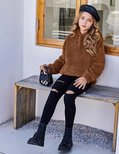Arshiner Girls Hoodie Sherpa Fleece Pullover Hooded Sweatshirt for Girl Button Up Casual Outerwear Coat With Pockets2