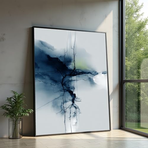 Toile abstraite à l'encre bleue d'une finesse aquarelle exceptionnelle format 40x60cm