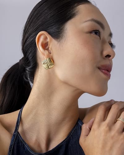 Image of PAVOI 14K Gold Plated Chunky Vintage Earrings for Women - Trendy Textured Ribbed Knot Geometric Triangle Rope Button Seashell Wing Dangle Drop Stud Earring