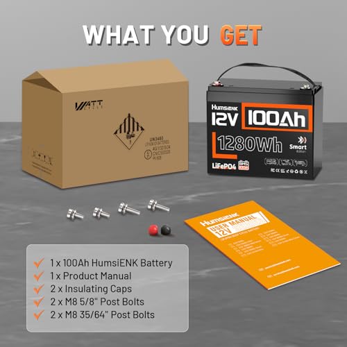 Image of HumsiENK 12V 100Ah LiFePO4 Lithium Battery (100A BMS) with Bluetooth, 15000+ Deep Cycles Battery, Group 24 & Low-Temp Protection, Max. 1280 Energy for RV, Boat, Off-Grid, Home Backup