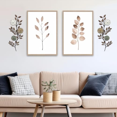 MorningRo 2 Pcs Metal Flower Leaves Wall Art Spring Wall Decor Living Room, 15.75 Inch Vintage Rustic Branch Leaf Wrought Iron Scroll Art Decor for Spring Bedroom Indoor Outdoor Decorations(Brown) - Image 5