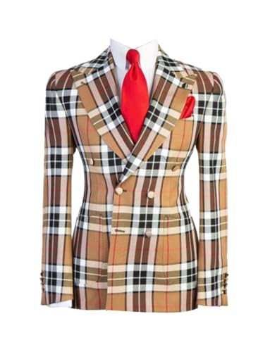 Men's Checked Blazer Double Breasted Jacket Formal Business Activity Suit Coat