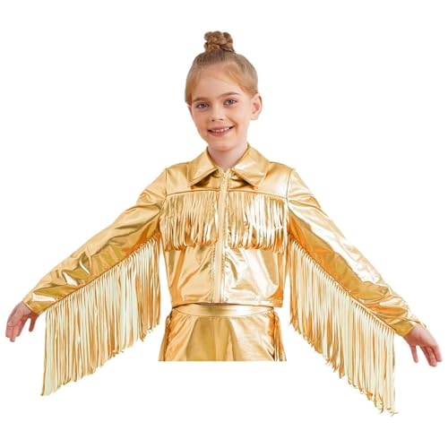 YiZYiF Fringe Jacket for Girls Shiny Coat Tassels Outwear Glitter Cropped Tops Cardigan Sparkle Dancewear2