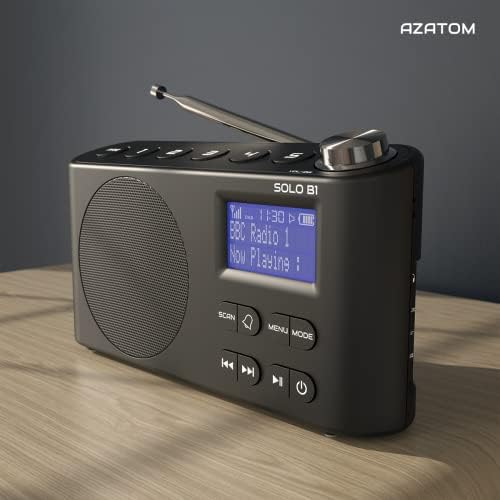 DAB DAB+ FM Digital Radio, Bluetooth, Portable, Dual Alarm, Rechargeable Battery & Mains, AUX, Headphone, 60 Presets, Sleep timer (AZATOM Solo B1 Black)