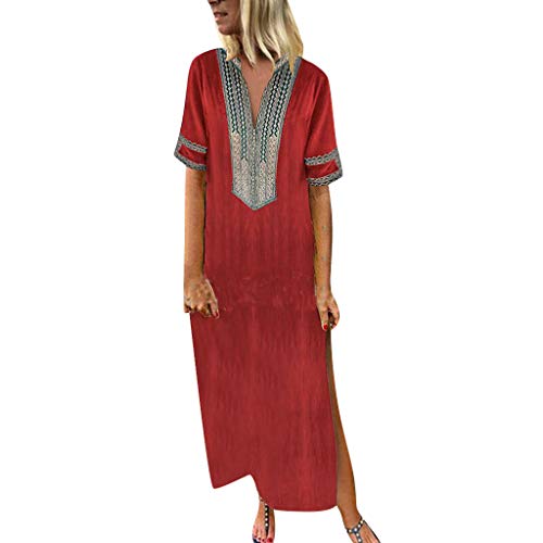 TUSANG Women Skirts Printed Long Sleeve V-Neck Maxi Dress Hem Baggy Kaftan Long Dress Slim Fit Comfy Dress(Red,US-14/CN-3XL)