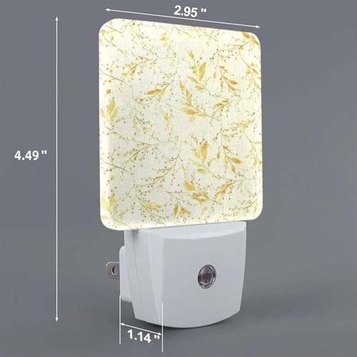 Image of Vintage Leaves Yellow Flowers Branches LED Plug-in Night Lamp 2 Piece Set, Auto Sensor Nightlights Set of 2 for Bedroom Bathroom