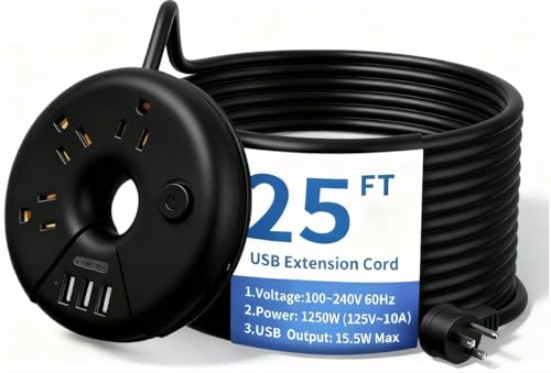Extra Long Extension Cord 25 Ft, NTONPOWER Flat Plug Power Strip with 3 Outlets 3 USB Ports, Compact Desktop Charging Station with Switch for Home, Office, TV, Nightstand, Dorm Room Essentials, Black