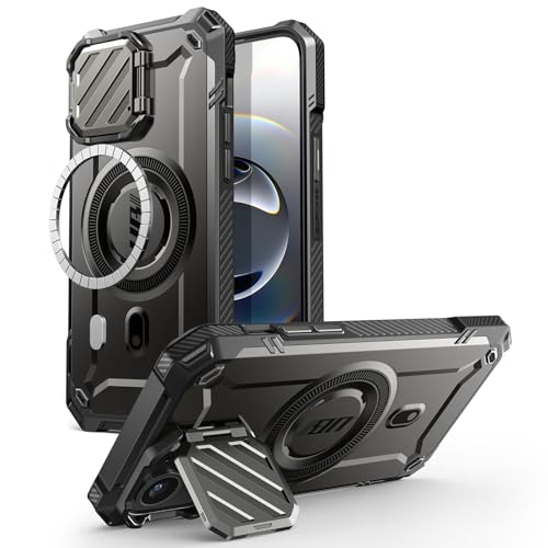 SUPCASE for iPhone 16e/15/14/13 Case with Camera Cover Stand (UBMag XT), [Compatible with MagSafe] [Built-in Kickstand] [Military-Grade Protection] Heavy Duty Magnetic Case for iPhone 16e 6.1", Black | with Camera Cover, Stand, Built-in Kickstand, Heavy Duty