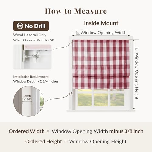 Image of TWOPAGES No Drill Cordless Buffalo Plaid Roman Shades Gingham Checkered Roman Blinds for Windows, Custom Made Room Darkening Blinds Farmhouse Shades, Red Grid, 1 Piece